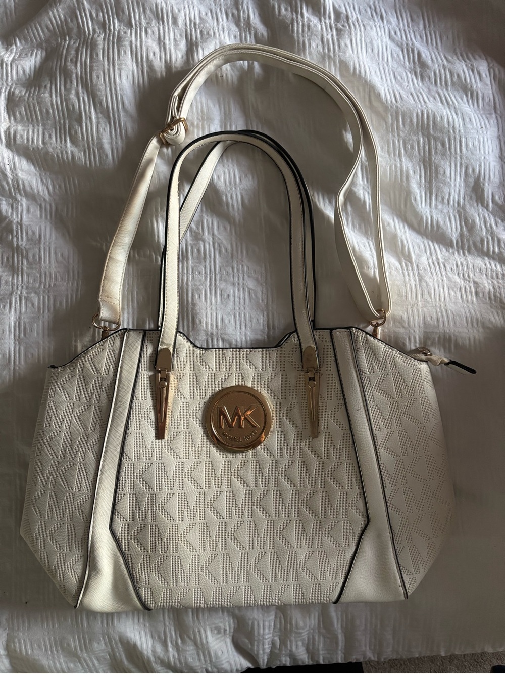 Michael Kors Cream MK Logo Tote with Gold-Tone Medallion